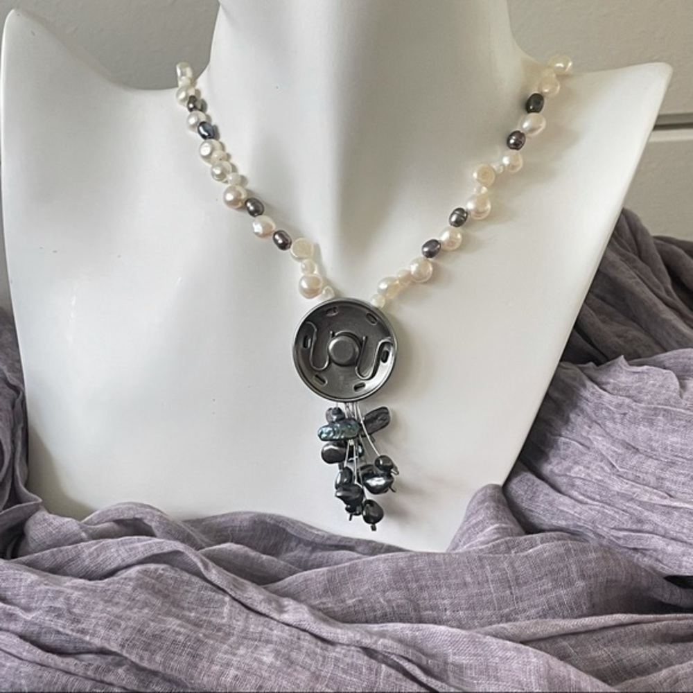 Handmade Statement Necklace Freshwater Pearl Mother of Pearl Snap Upcycle - Picture 6 of 7